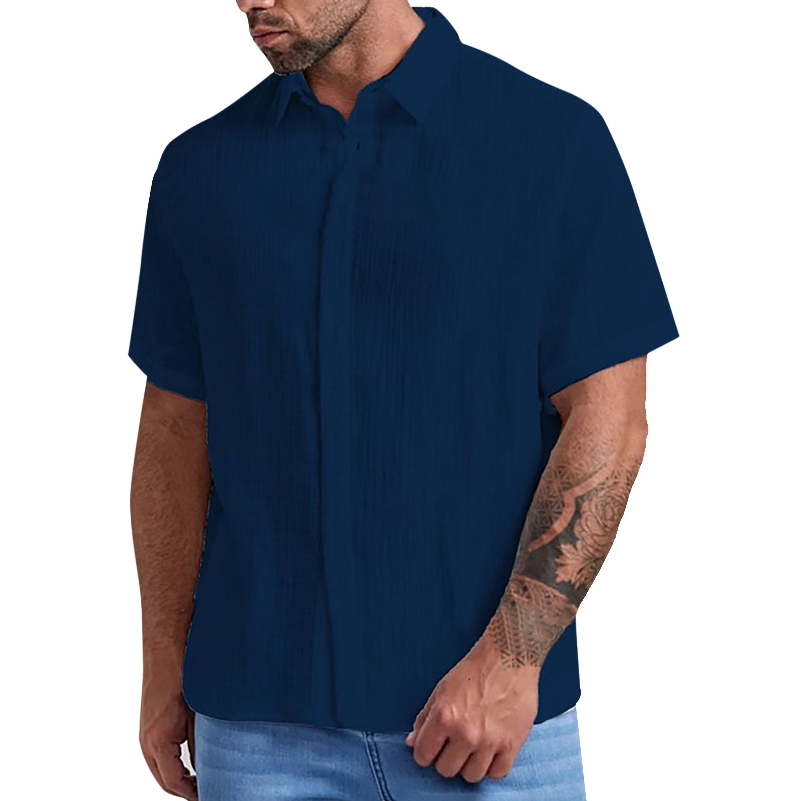 Camisa de manga corta con cuello cubano para hombre - Camisa informal con botones para bodas en la playa - Ropa de verano